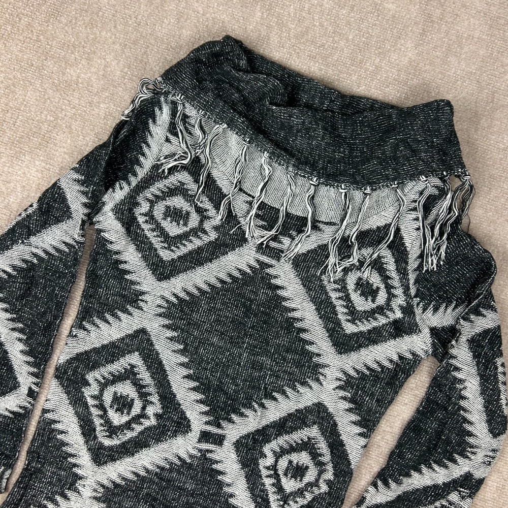 Dream Catcher Sweater Dress Women Large Black White Aztec Print Cowl Neck Fringe